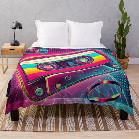 Retro plush blanket featuring a vintage cassette tape design