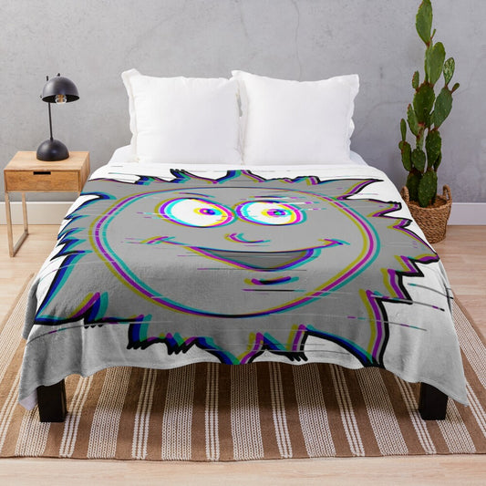 Vibrant plush blanket featuring a retro cartoon sun glitch design