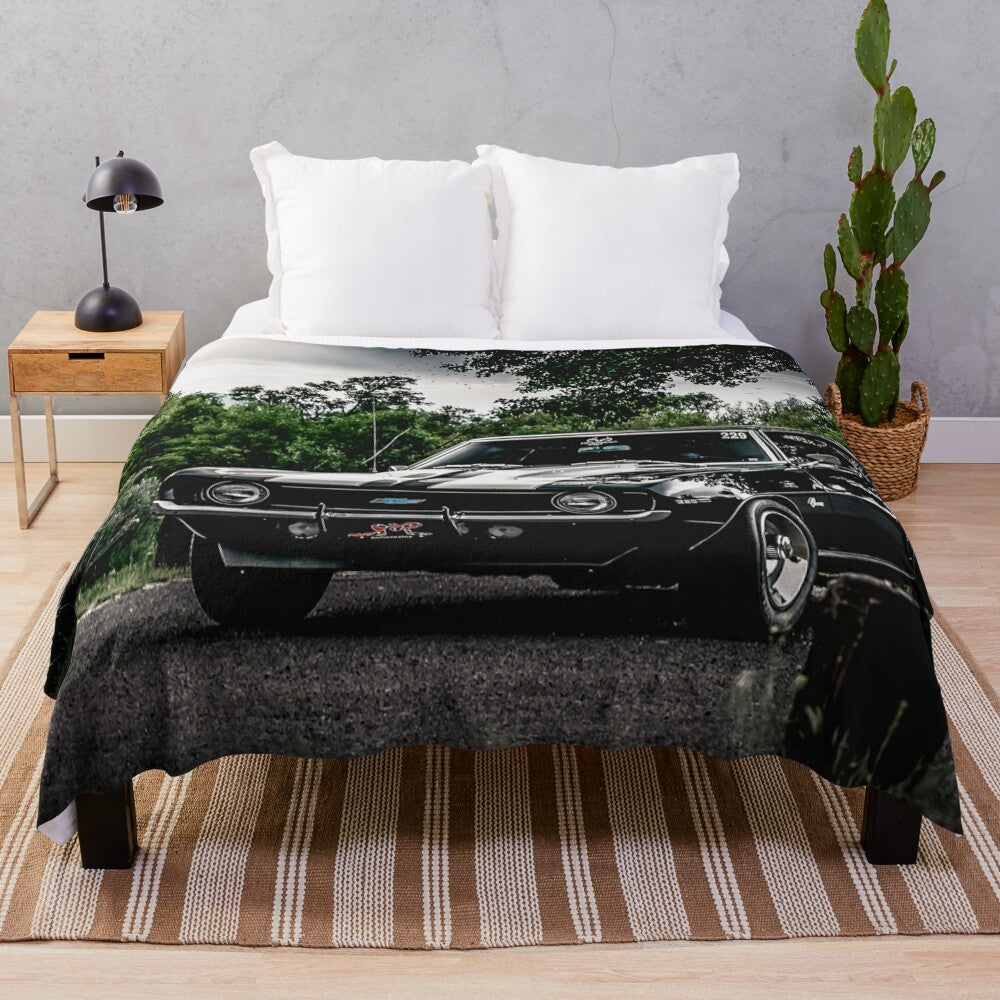 Chevy Camaro 1969 plush blanket with nature, tree, and sunset design