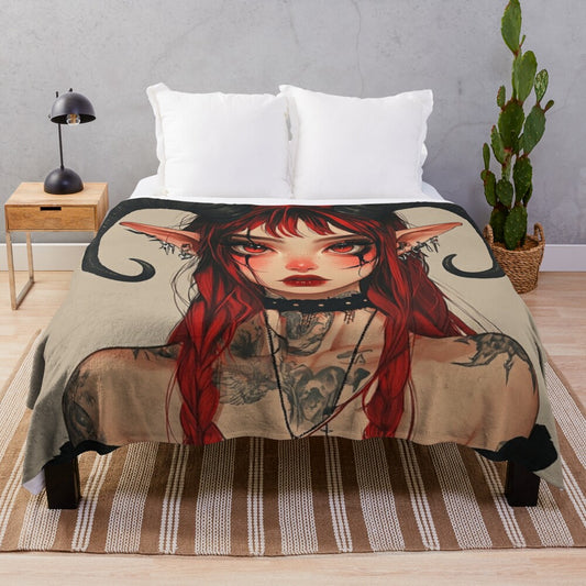 Plush blanket featuring a dark fantasy anime-style demon girl