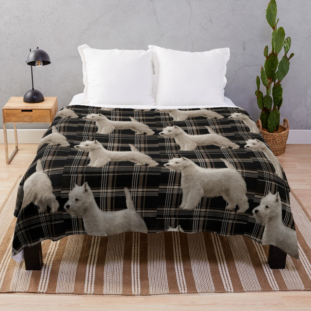 Westie-themed plush blanket with tartan pattern