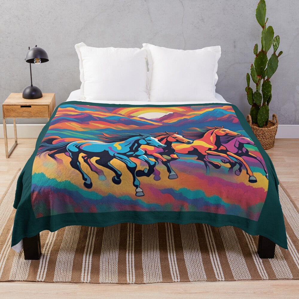 Plush blanket featuring a scenic mountain landscape with wild horses running in the foreground