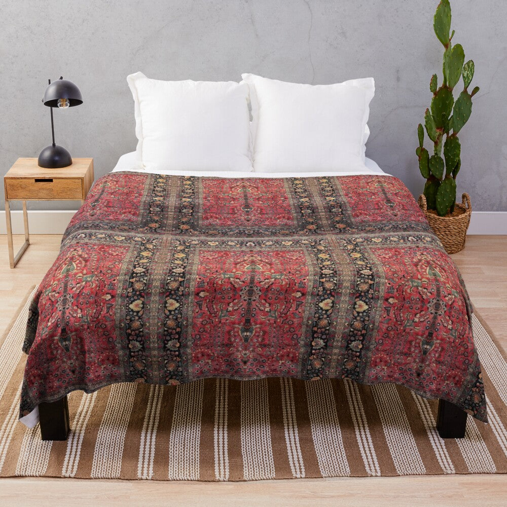 Vintage boho style plush blanket with antique oriental red carpet pattern