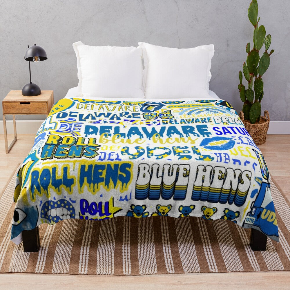 Soft and plush blanket featuring a collage design inspired by the University of Delaware and the Blue Hens mascot.