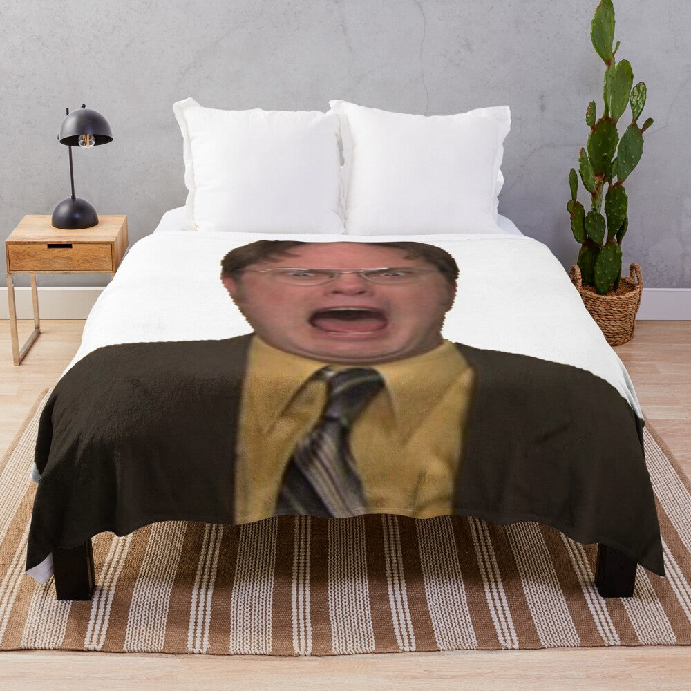 Dwight Schrute-inspired screaming plush blanket featuring a character from the popular TV show "The Office"