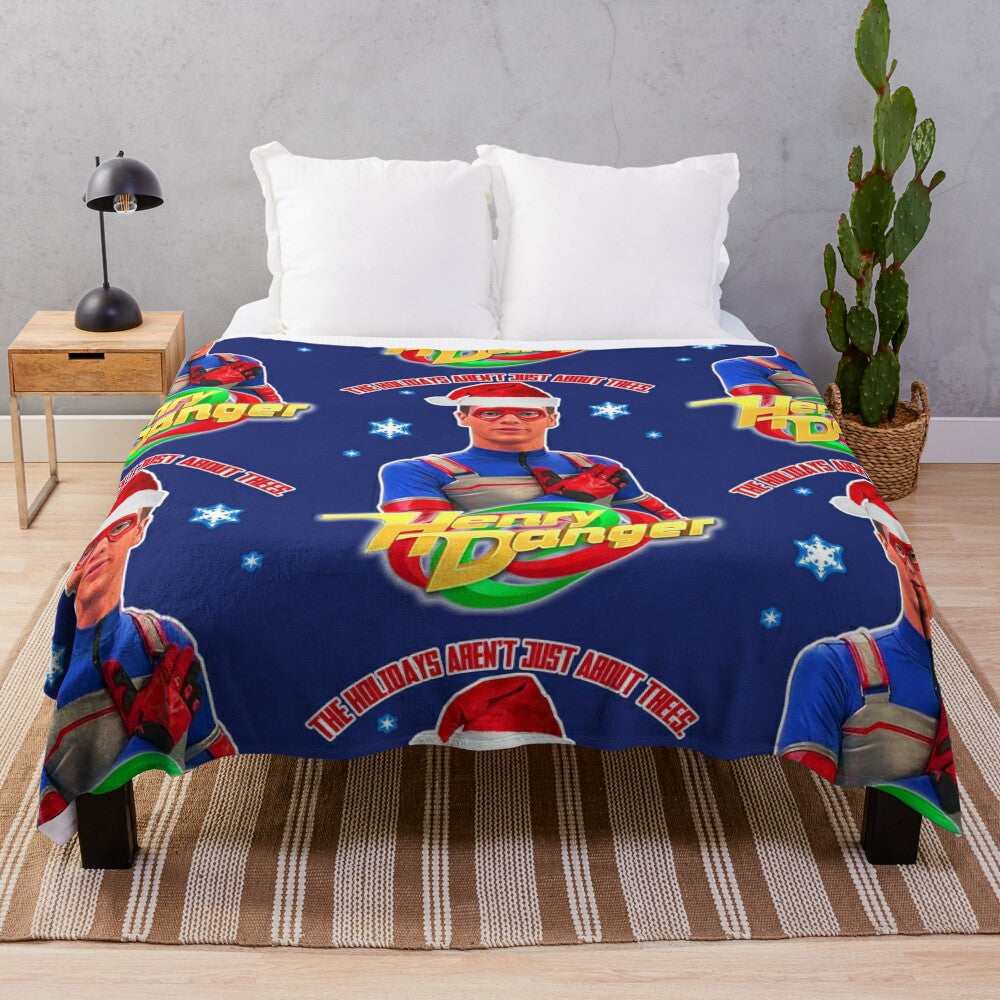 Kid Danger inspired holiday plush blanket with superhero graphics