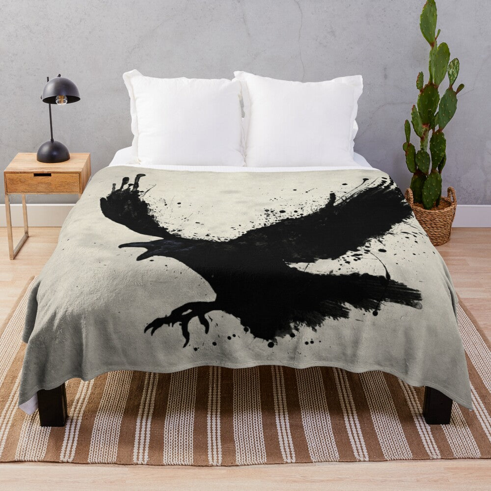 Raven-inspired plush blanket with bird sketch, spatter, and drip design