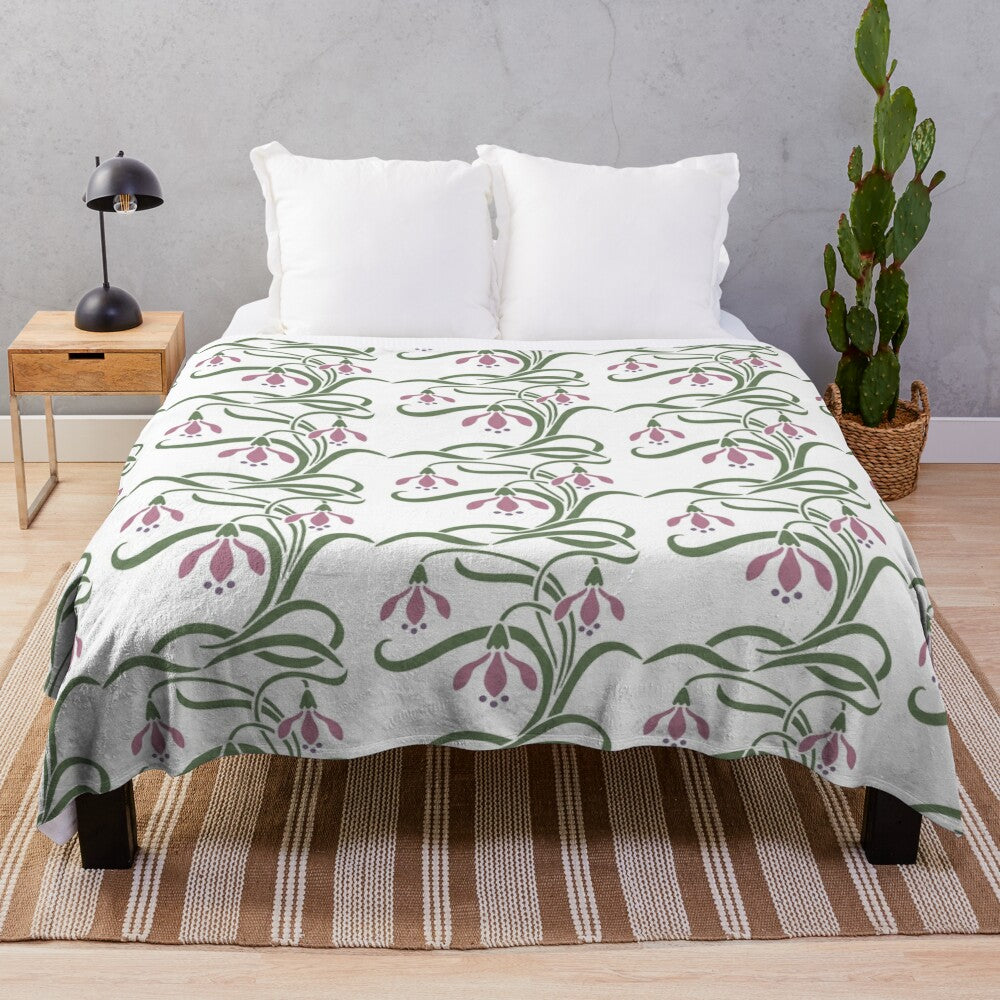 Snowdrops floral plush blanket with art nouveau design