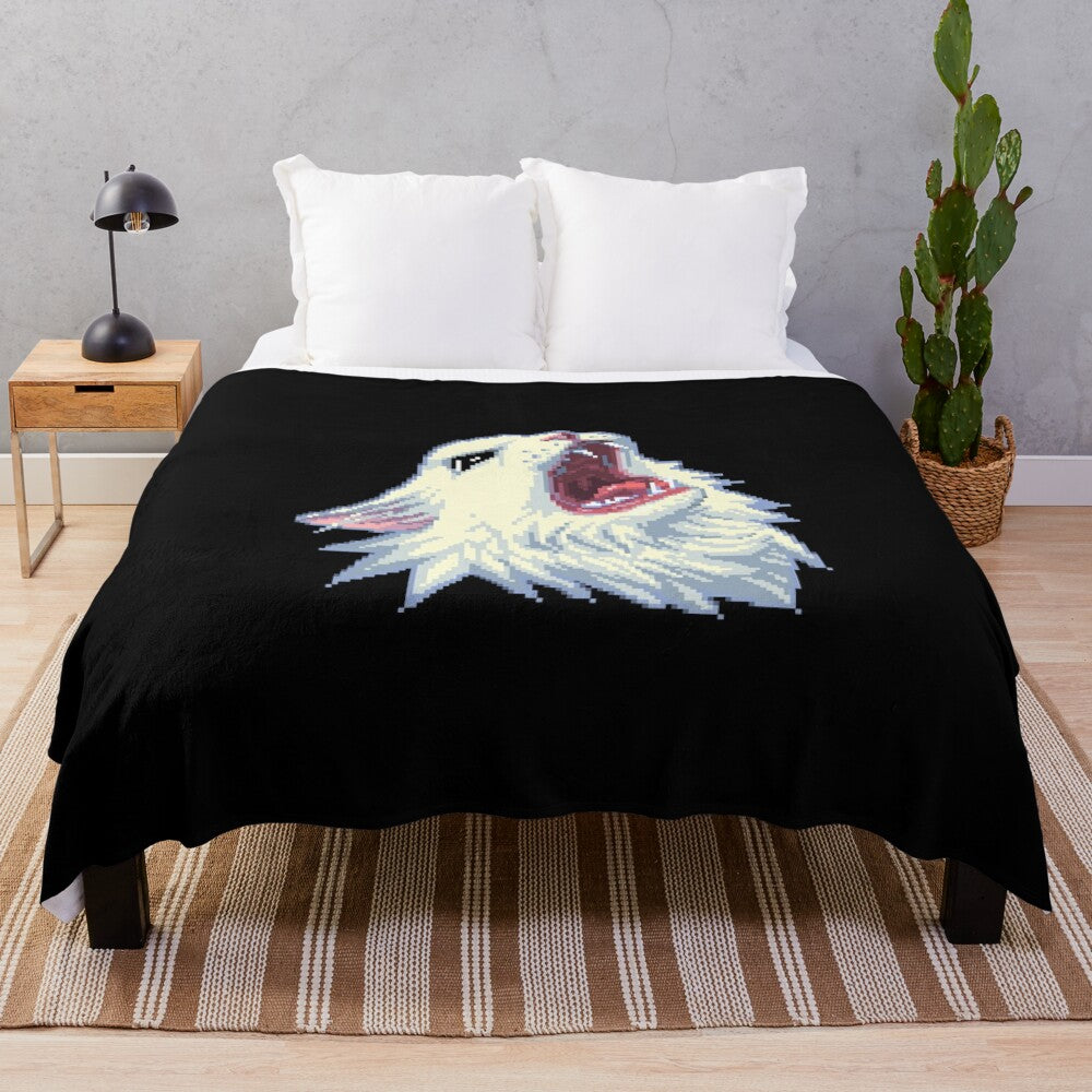 8-bit cat plush blanket with screaming cat design