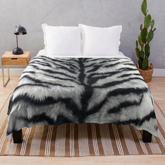 White tiger print plush blanket with graphic animal skin pattern