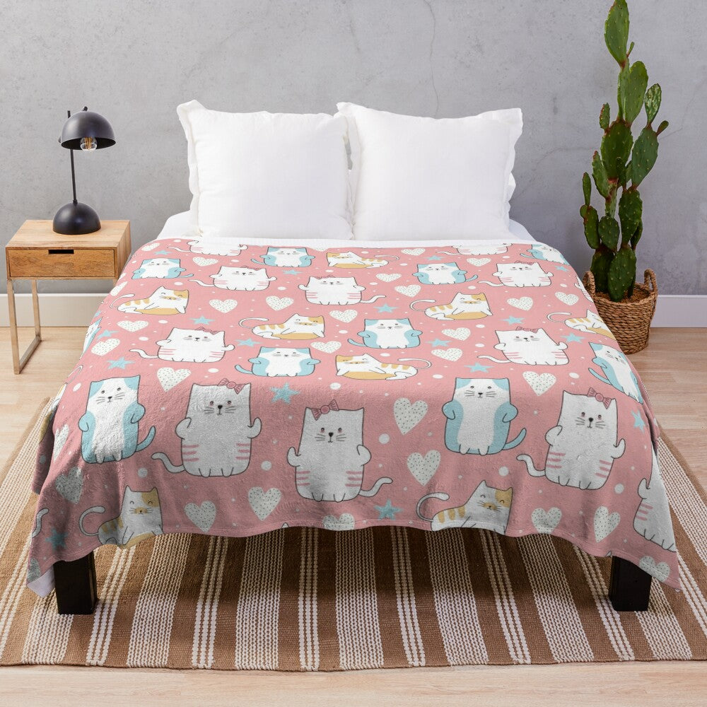 Soft and cozy plush blanket featuring an adorable cat pattern design with a vintage heart motif