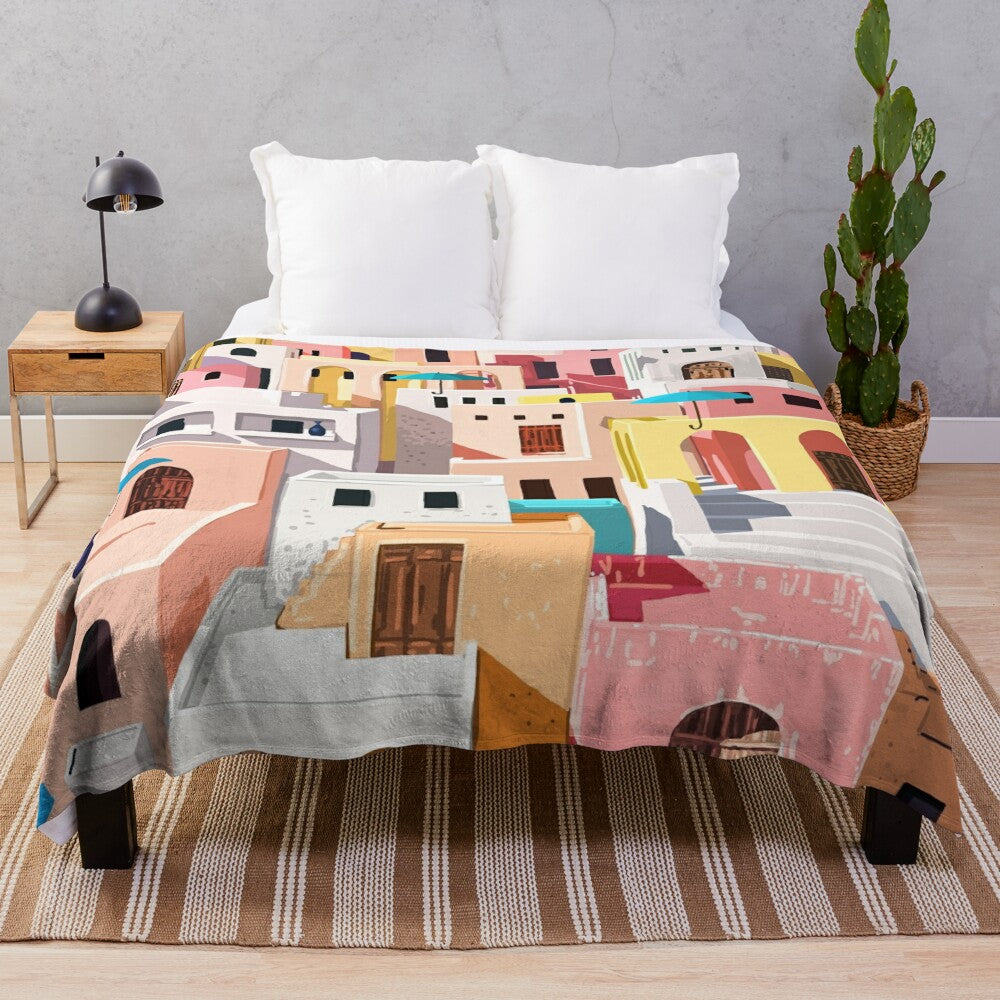 Pastel cityscape plush blanket with vibrant architectural elements