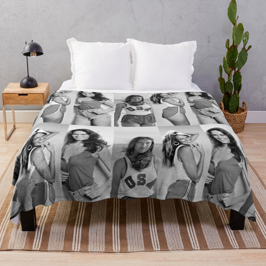 Vintage-style collage portrait of iconic actress Catherine Bach on a cozy plush blanket