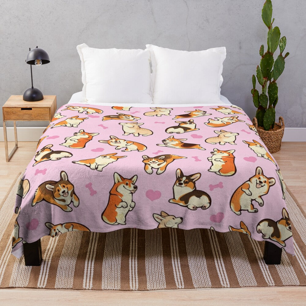 Soft and cozy plush blanket featuring a cute pattern of pembroke welsh corgis in pink