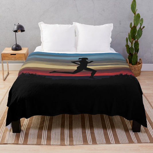 A plush blanket featuring a silhouette of a running girl against a scenic sunset backdrop