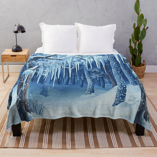 Whimsical winter blanket featuring a snowy winter wonderland scene