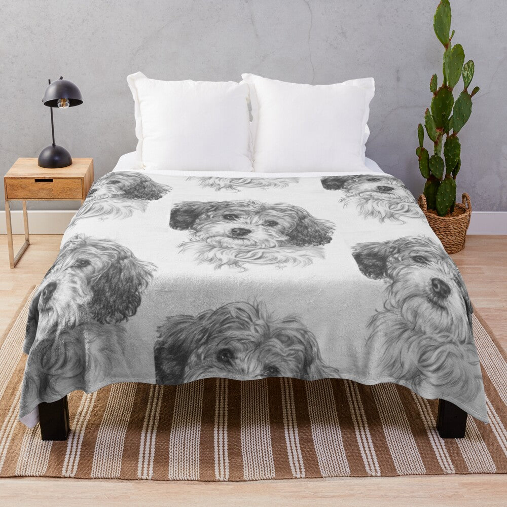 Realistic Bichon Cavalier pet portrait on a plush blanket