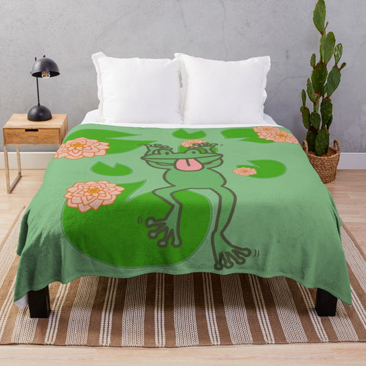 Whimsical frog plush blanket in green and pink floral design