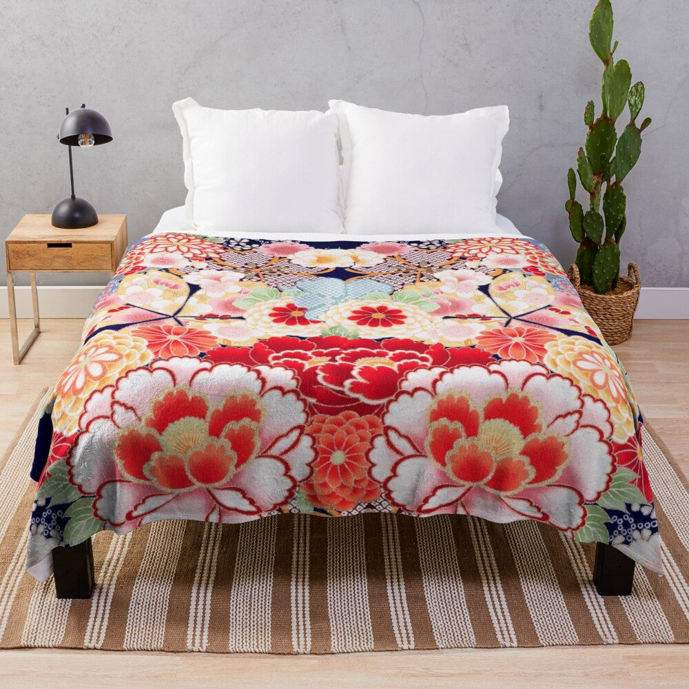 Colorful antique-style floral plush blanket with vibrant Japanese-inspired flowers and leaves