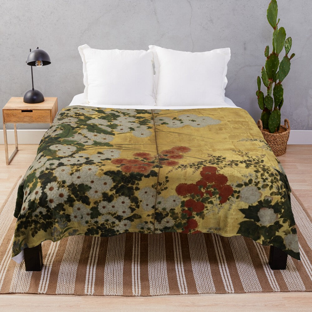 Japanese Chrysanthemum Floral Plush Blanket