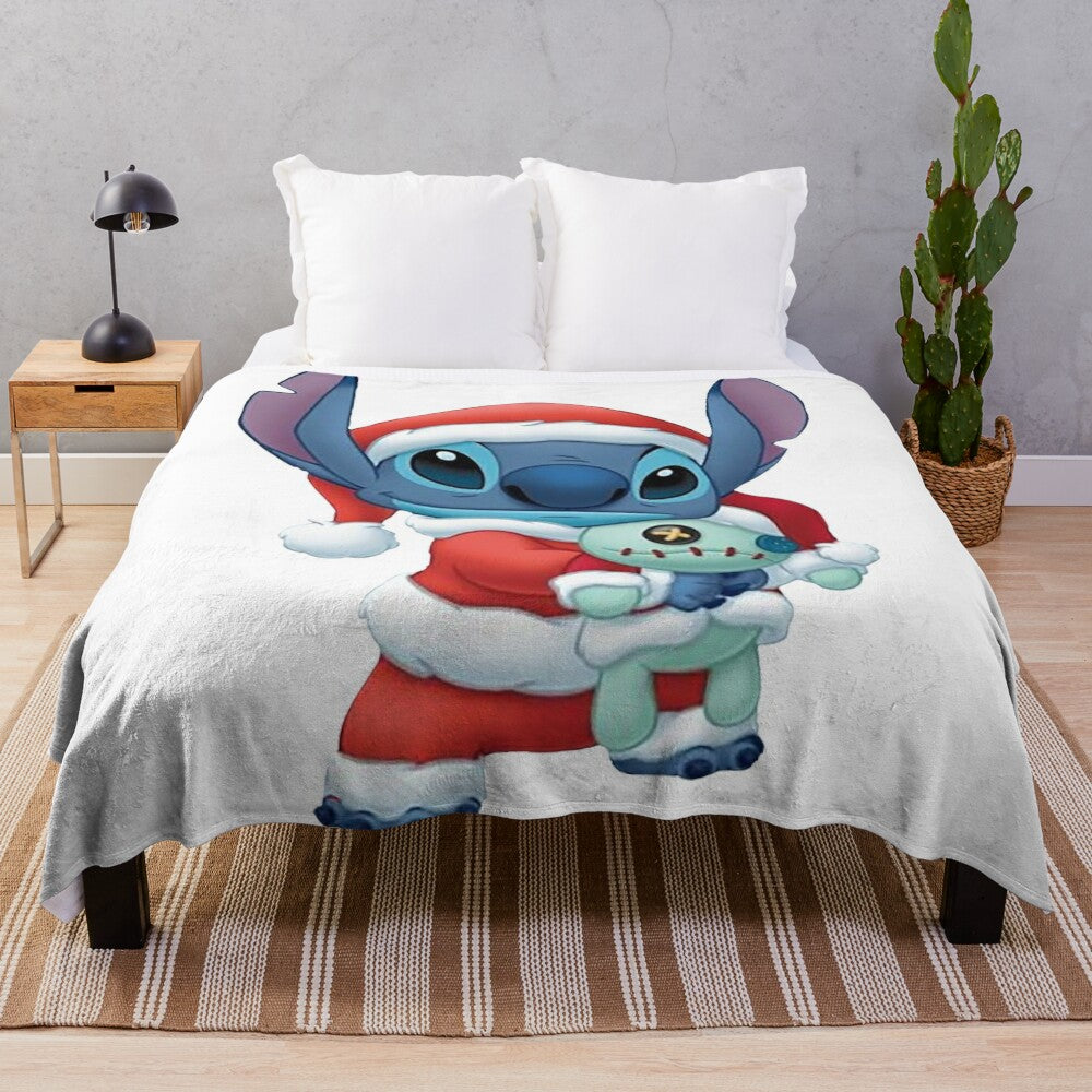 Stitch-themed Christmas plush blanket with cross-stitch design