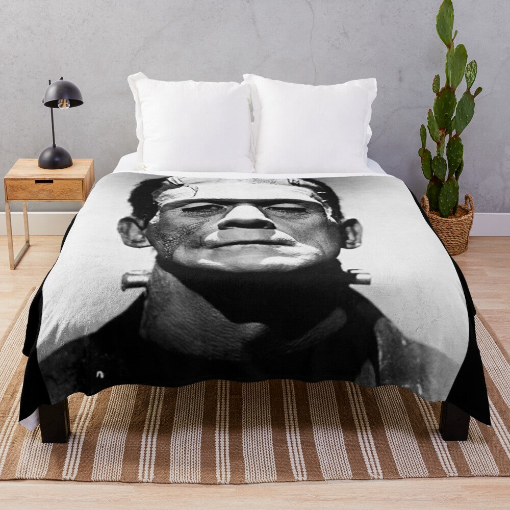 Classic Frankenstein monster plush blanket for horror, sci-fi, and gothic home decor