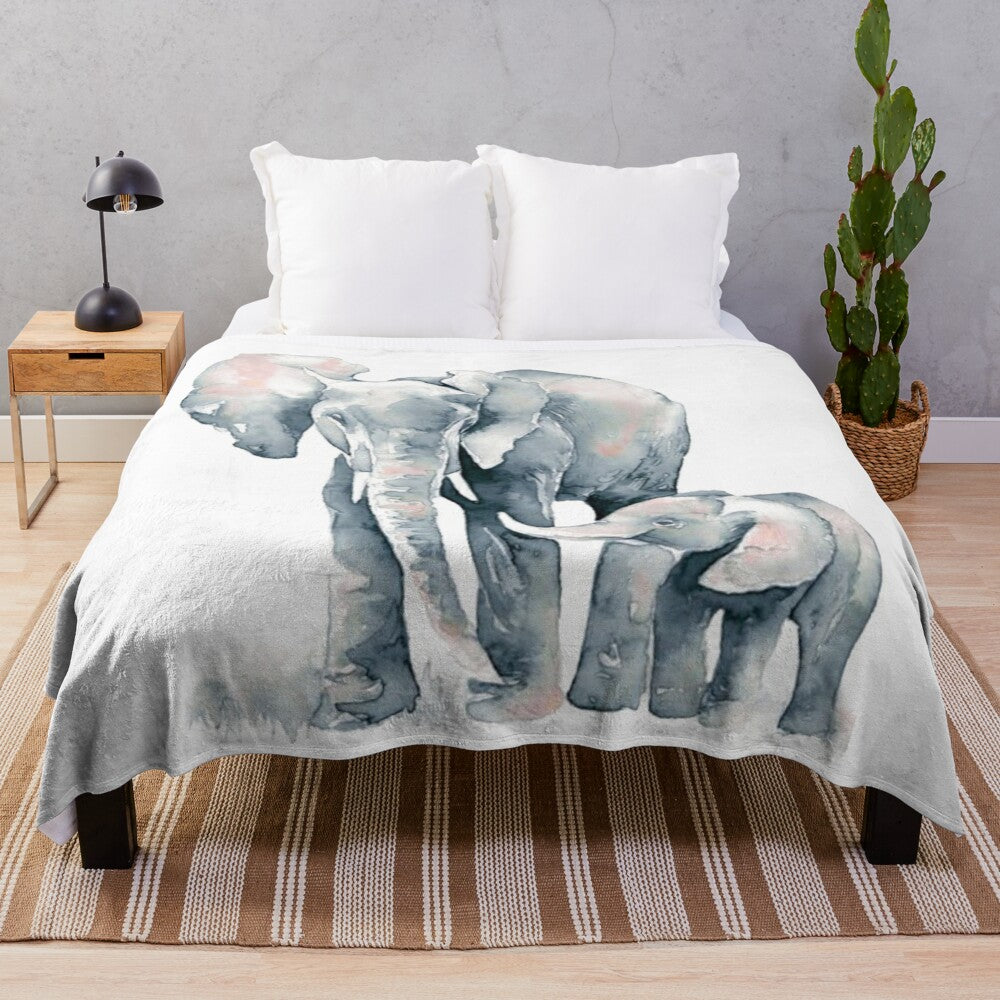 Soft and cozy grey elephant plush blanket featuring a watercolor design of a mother and baby elephant