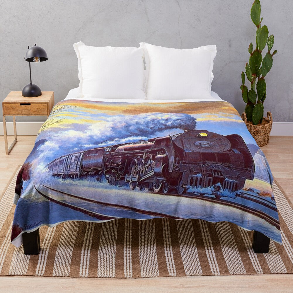 Winter train plush blanket with snowy landscape