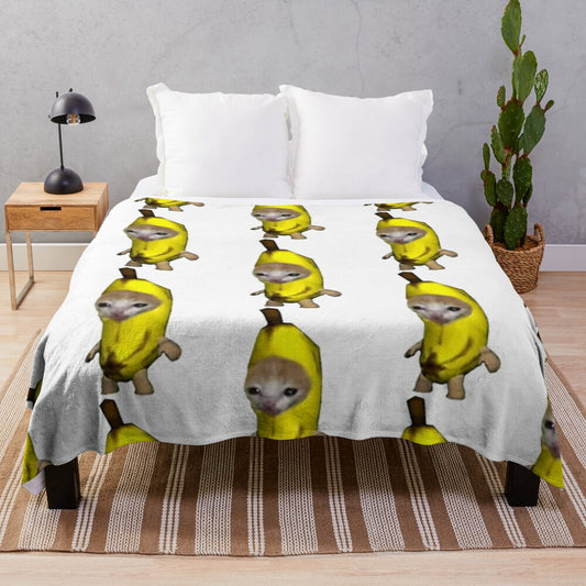 Soft and cozy plush blanket featuring a cute banana-themed cat design