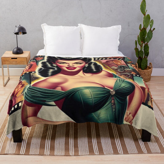 Vintage-inspired retro cinema plush blanket featuring a glamorous pin-up style design