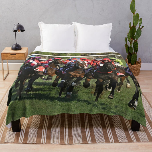 Plush blanket featuring a horse racing action scene