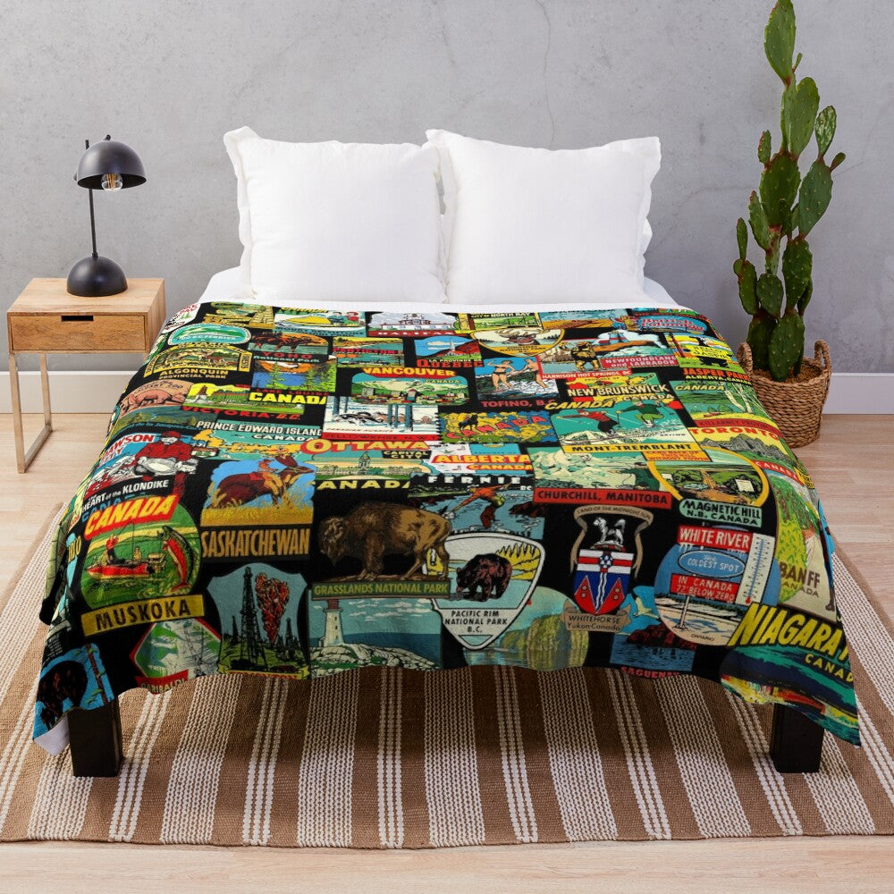 Sticker bomb pattern plush blanket with vintage Canada travel imagery