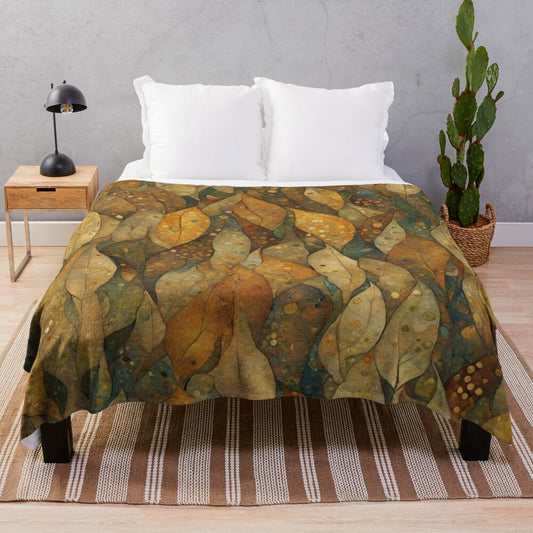 Detailed art nouveau style floral and leaf pattern on a plush blanket