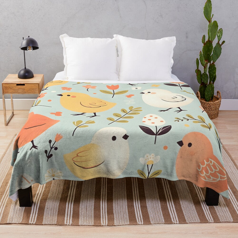 Soft and cozy plush blanket with a spring chicks and floral pattern design