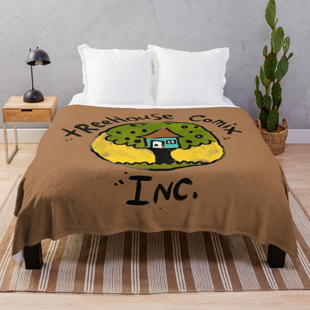 Colorful plush blanket featuring a cartoon underpants design and Treehouse Comix Inc. logo