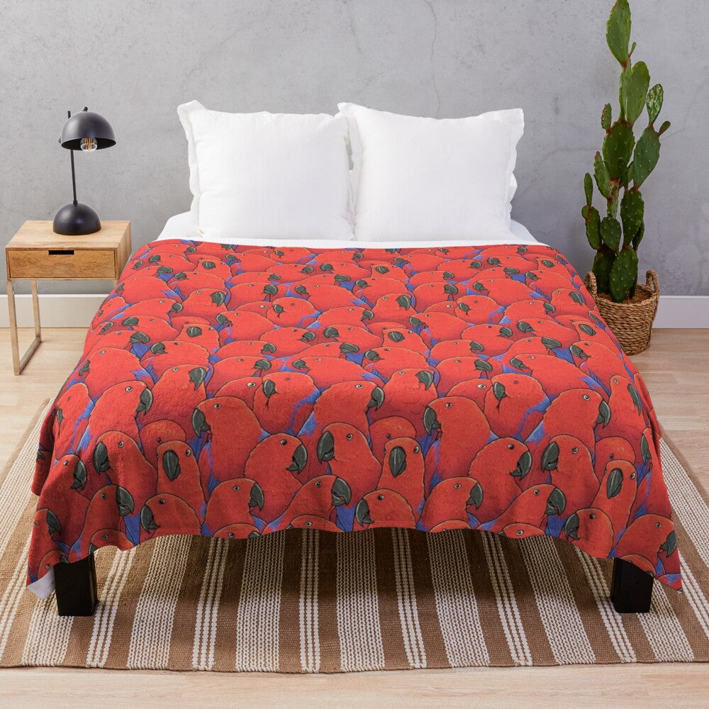 Plush blanket featuring a vibrant female eclectus parrot