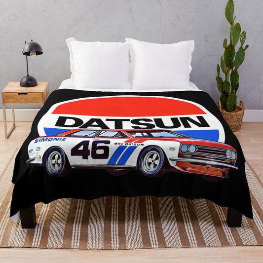 Datsun 510 BRE-inspired plush blanket for Datsun car enthusiasts