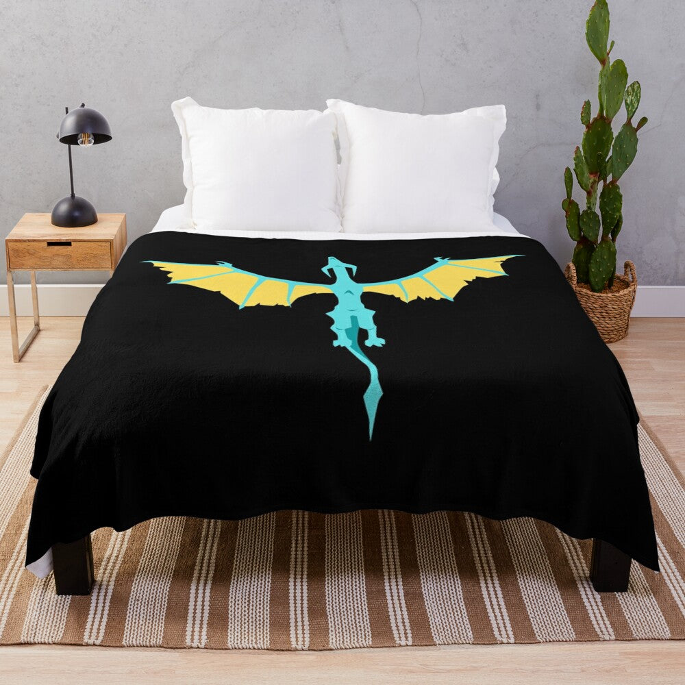 Plush blanket featuring mythical creatures like unicorns and dragons