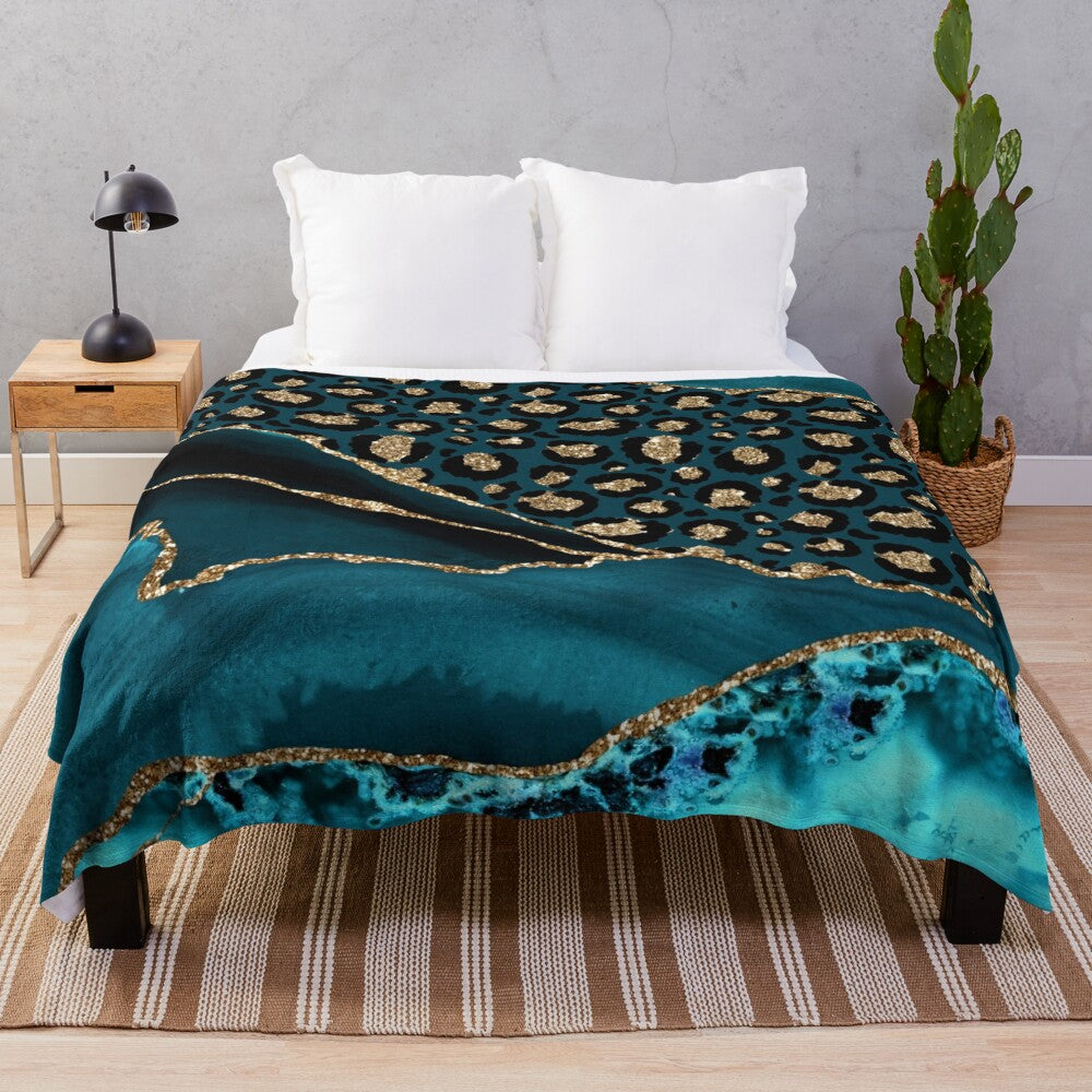 Teal and gold leopard agate plush blanket