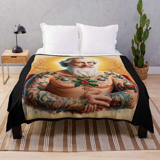 Plush blanket featuring a Santa Claus with tattoos design