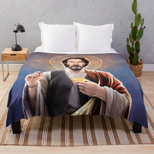 Keanu Reeves inspired plush blanket with saint keanu reeves religious artwork