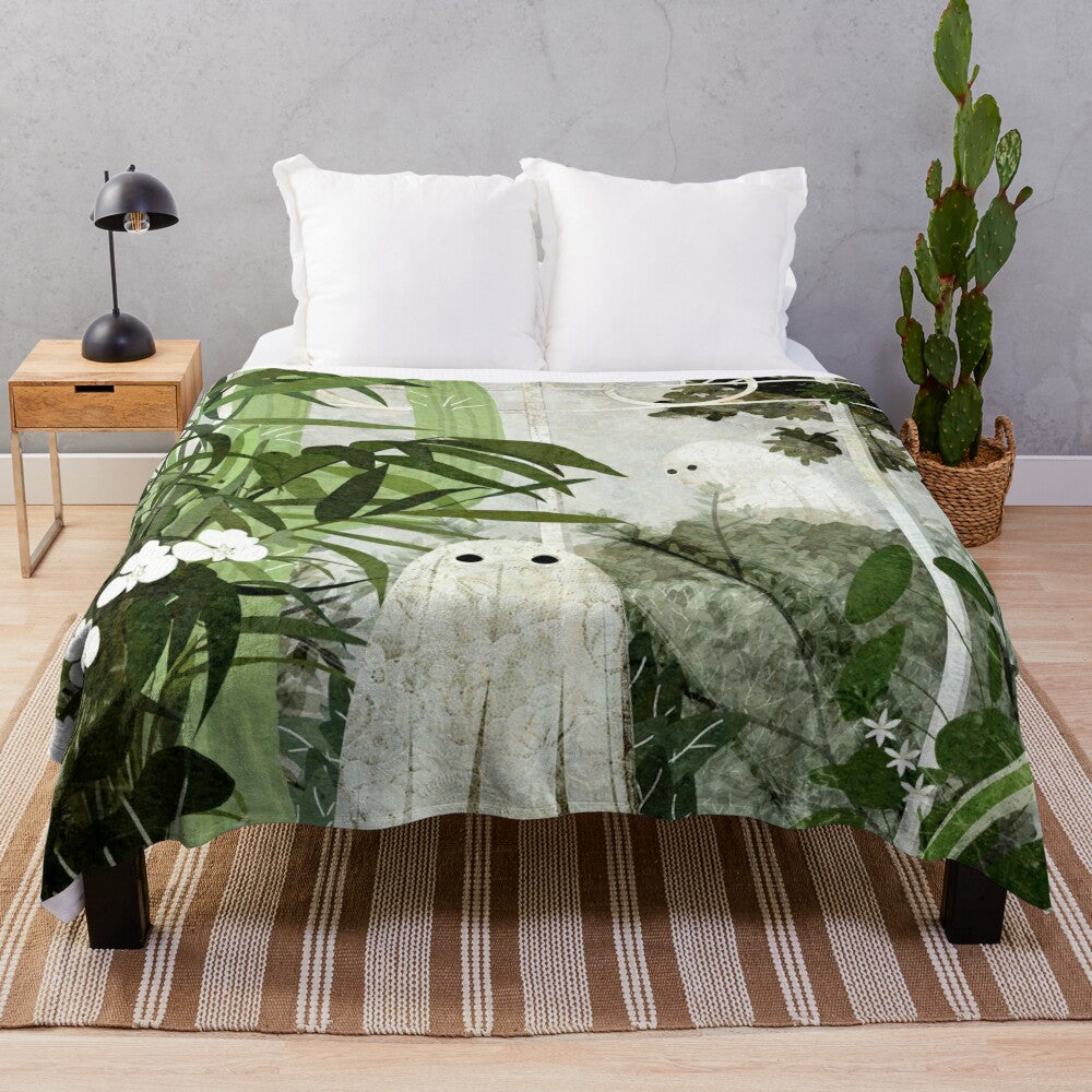 Plush blanket with ghostly greenhouse design, featuring nature elements and a whimsical, vintage-inspired style.