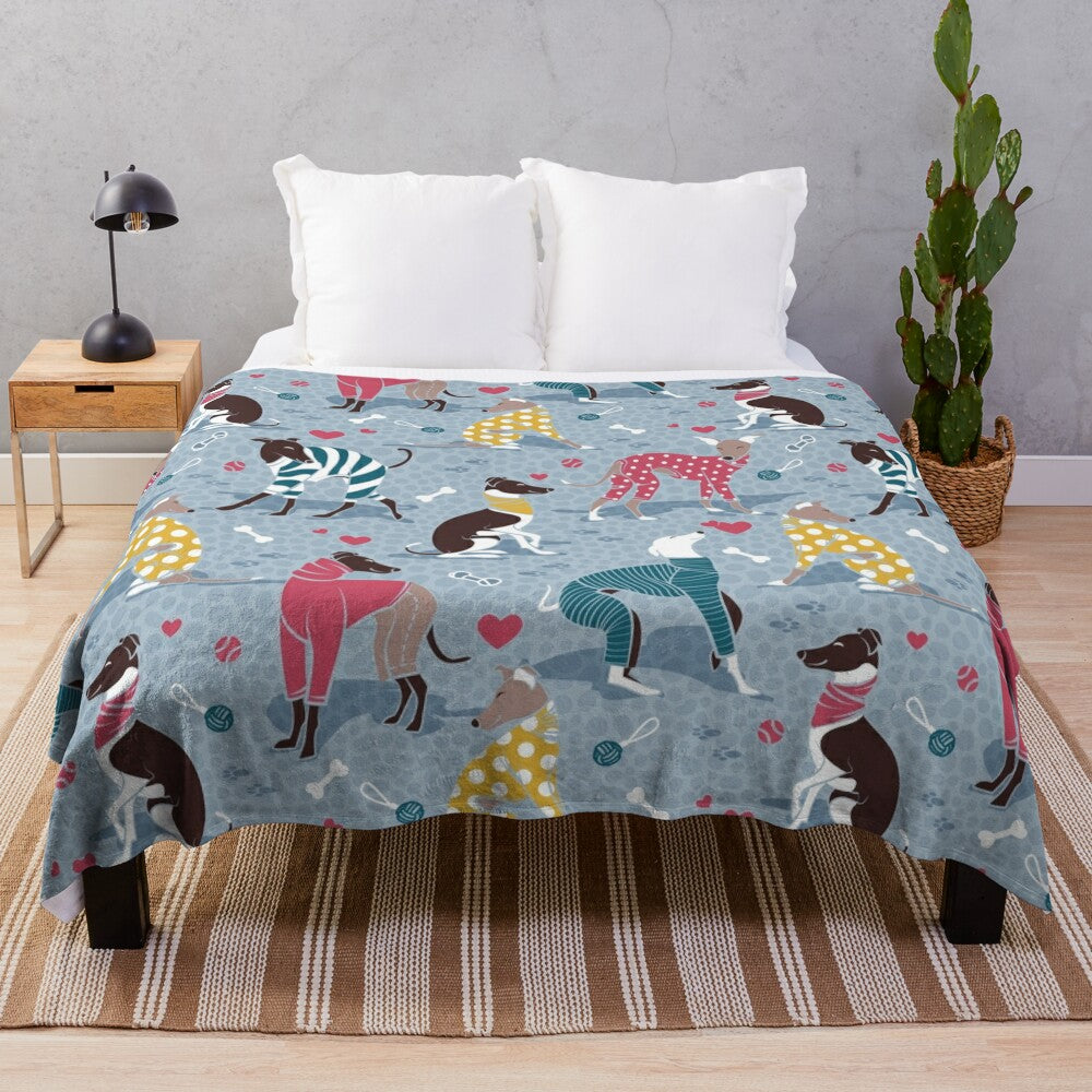 Greyhounds dog illustration on a pale blue plush blanket