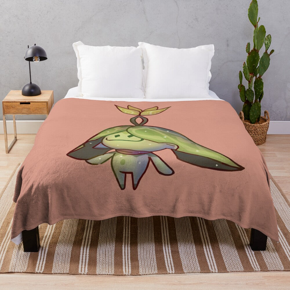 Genshin Impact inspired plush blanket featuring cute anime-style characters and designs