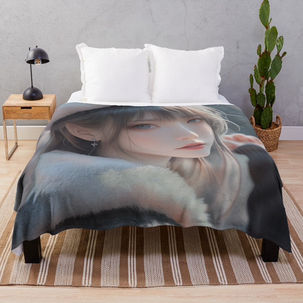 Whispers of Winter Plush Blanket featuring a serene, ethereal beauty in a soft focus portrait