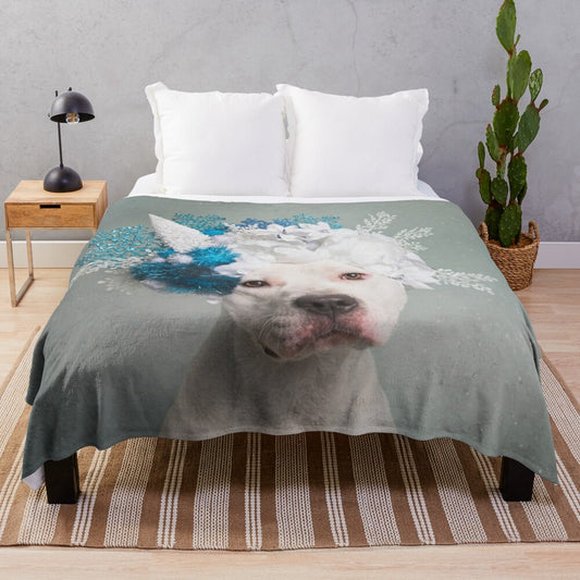 Soft and fluffy plush blanket featuring a polar bear with a floral crown design