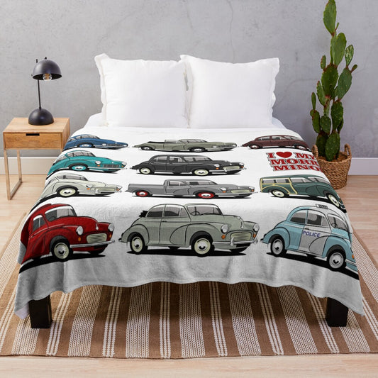 Morris Minor inspired plush blanket featuring a cartoon-style illustration of the iconic classic British car