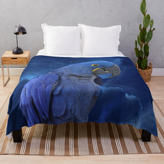 Hyacinth Macaw plush blanket with vibrant blue feathers and tropical design