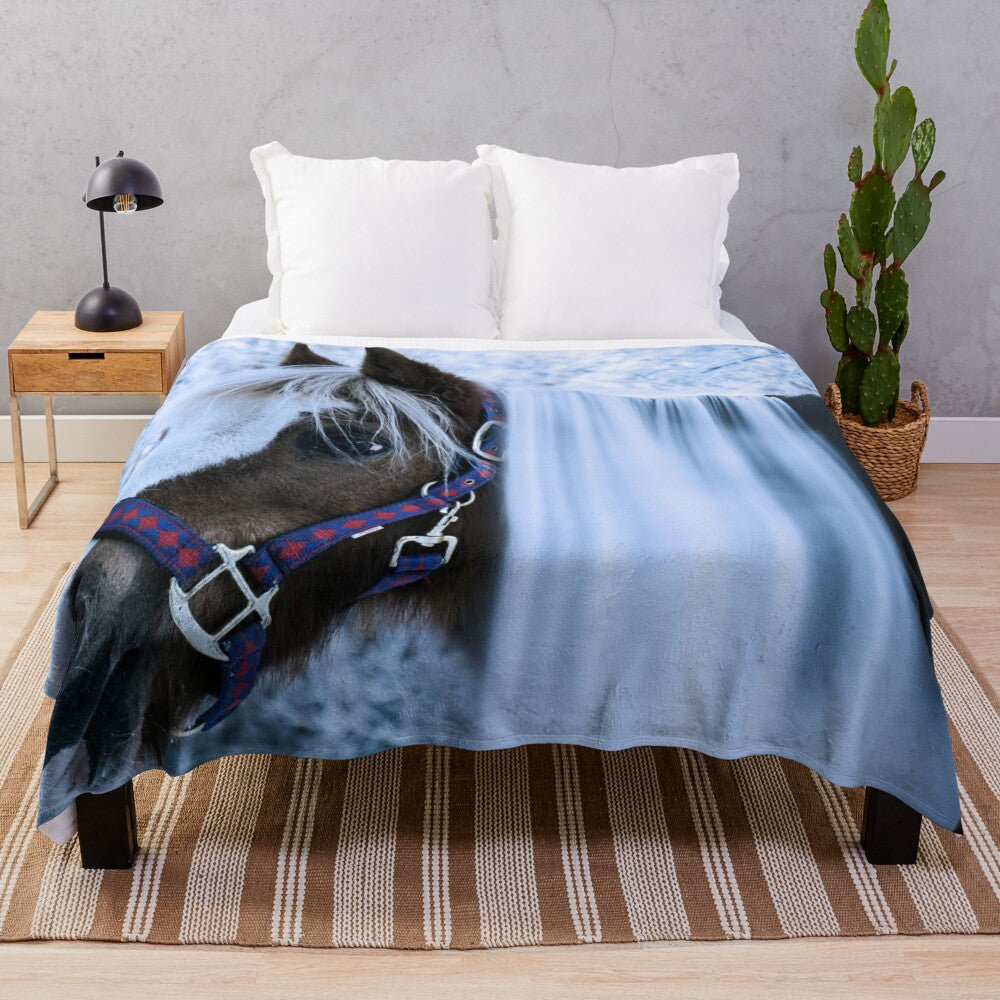 Plush blanket featuring a horse waterfall cascade in a snowy winter forest