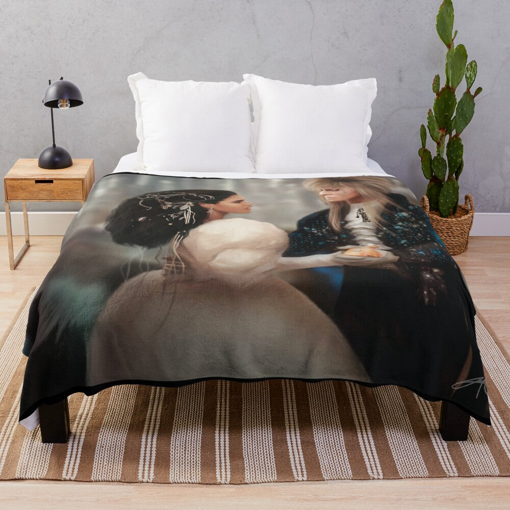 A digital drawing of a romantic scene from the movie Labyrinth, featuring the Goblin King Jareth and the main character Jennifer Connelly, printed on a cozy plush blanket.